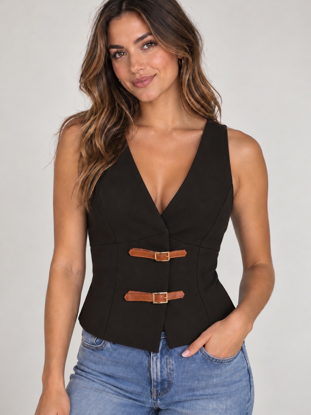 Zara Black Sleeveless V-Neck Vest with Buckle Accents